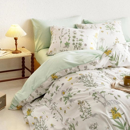 Set di lenzuola da letto reversibili 135 x 200 cm con disegno foglie e fiori, copriletto con zip e 1 cuscino 80 x 80 cm, certificato Oeko-Tex & adatto per allergici