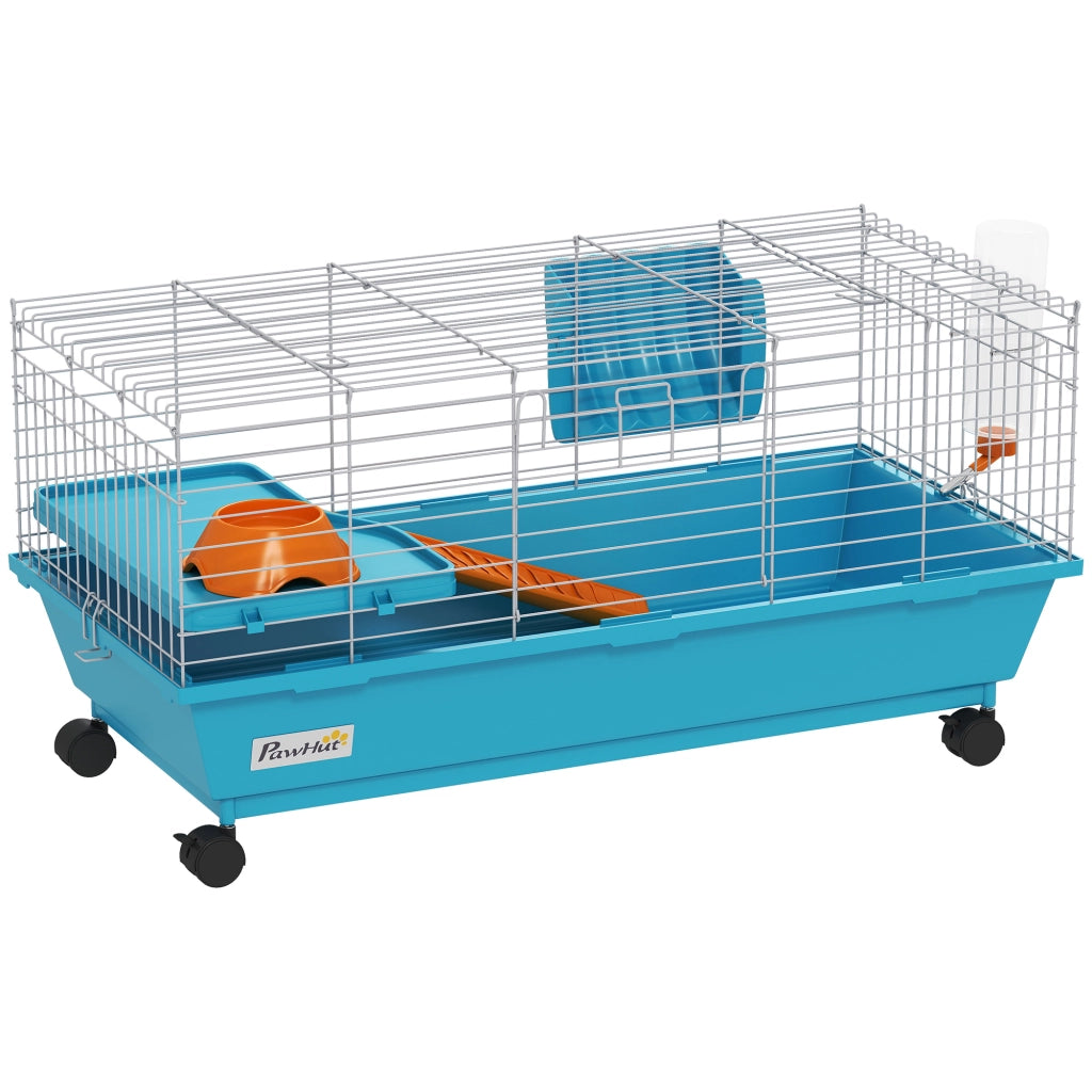 Gabbia per Piccoli Animali con Ruote e Dispensatore Fieno ¨C zephmum ¨C 89x44x43 cm Blu