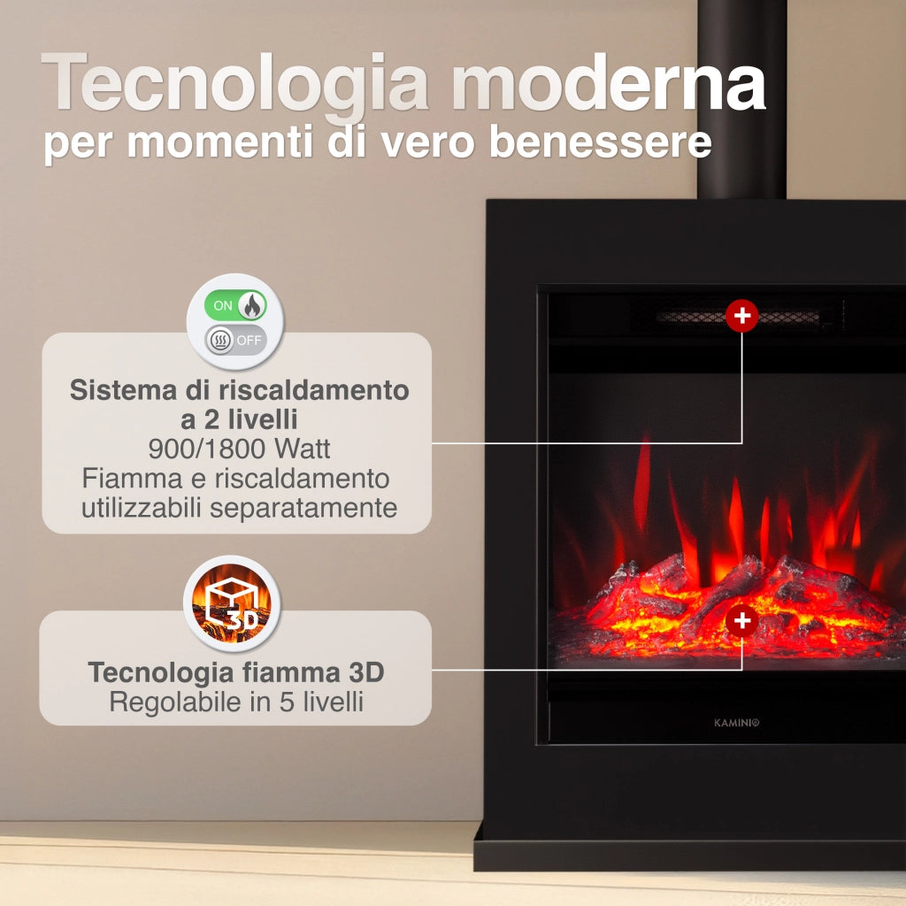 KAMINIO Camino elettrico KALLE con tubo del camino - Caminetto elettrico a pavimento con riscaldamento, effetto fiamma 3D, telecomando - Nero