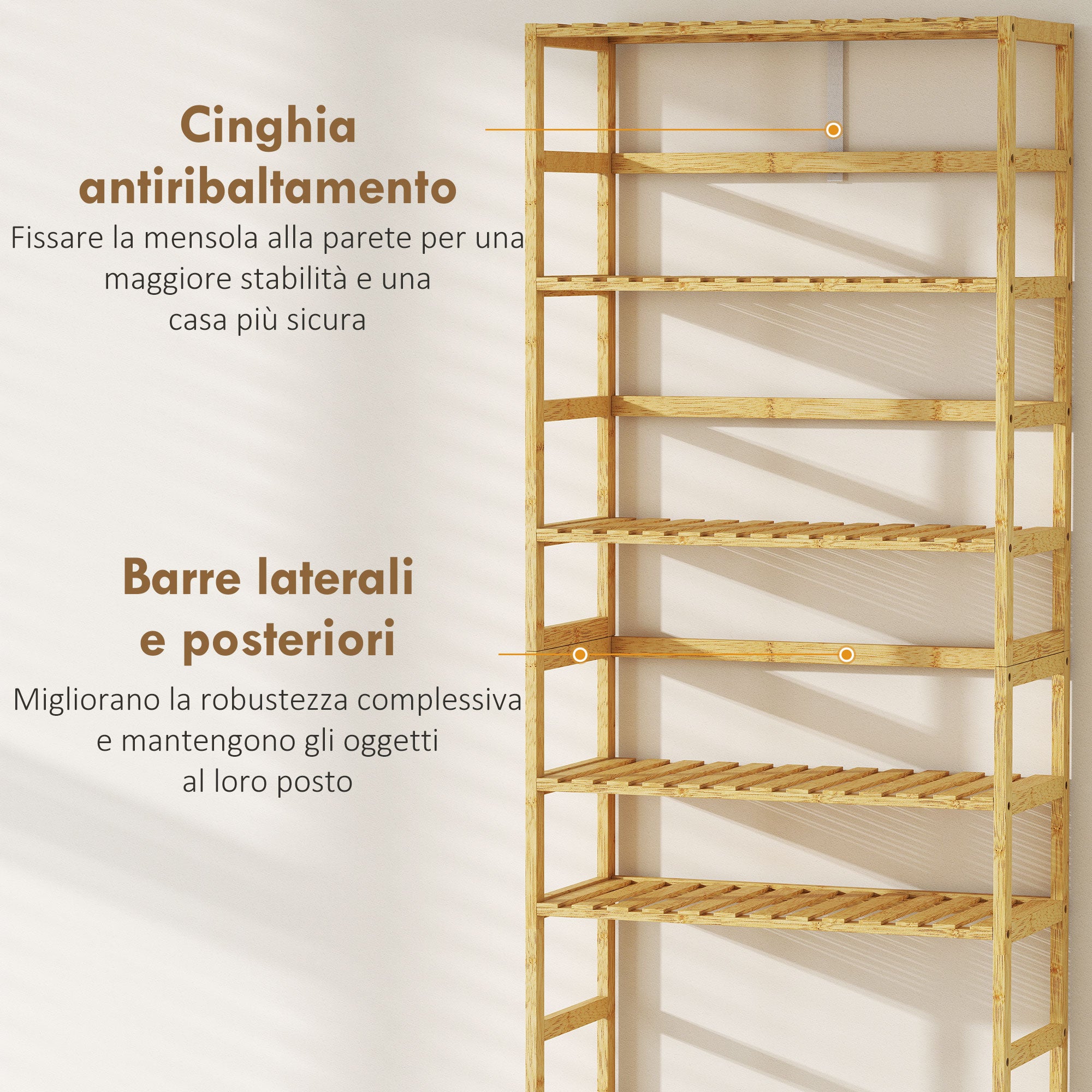 Scaffale Autoportante 60x26x161 cm a 6 Livelli con Ripiani Regolabili in Legno di Bambù Legno Naturale