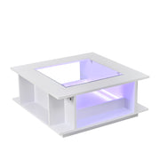 Tavolino da caffè quadrato con piano in vetro; LED; vani aperti e spazio laterale; bianco; 70 × 70 × 30 cm