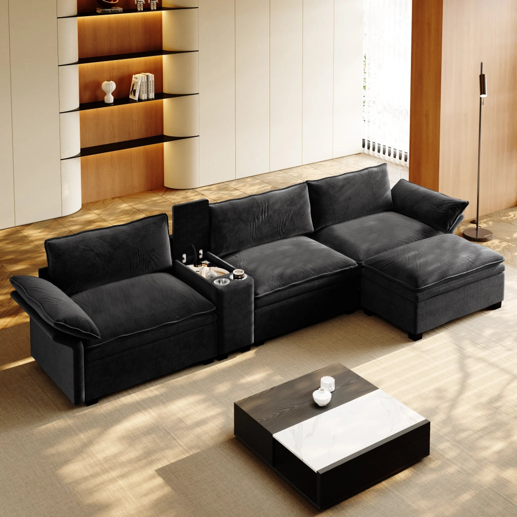 Divano Angolare Modulare 315 cm ¨C MINIMAL ¨C Chenille Nero con Contenitore, Poggiapiedi e Luce