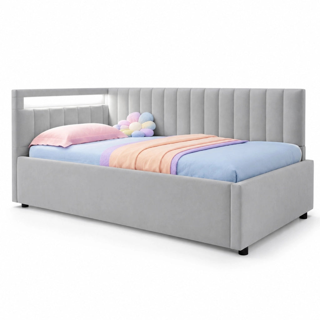 Letto imbottito con LED e contenitore idraulico 90x200 cm in velluto grigio