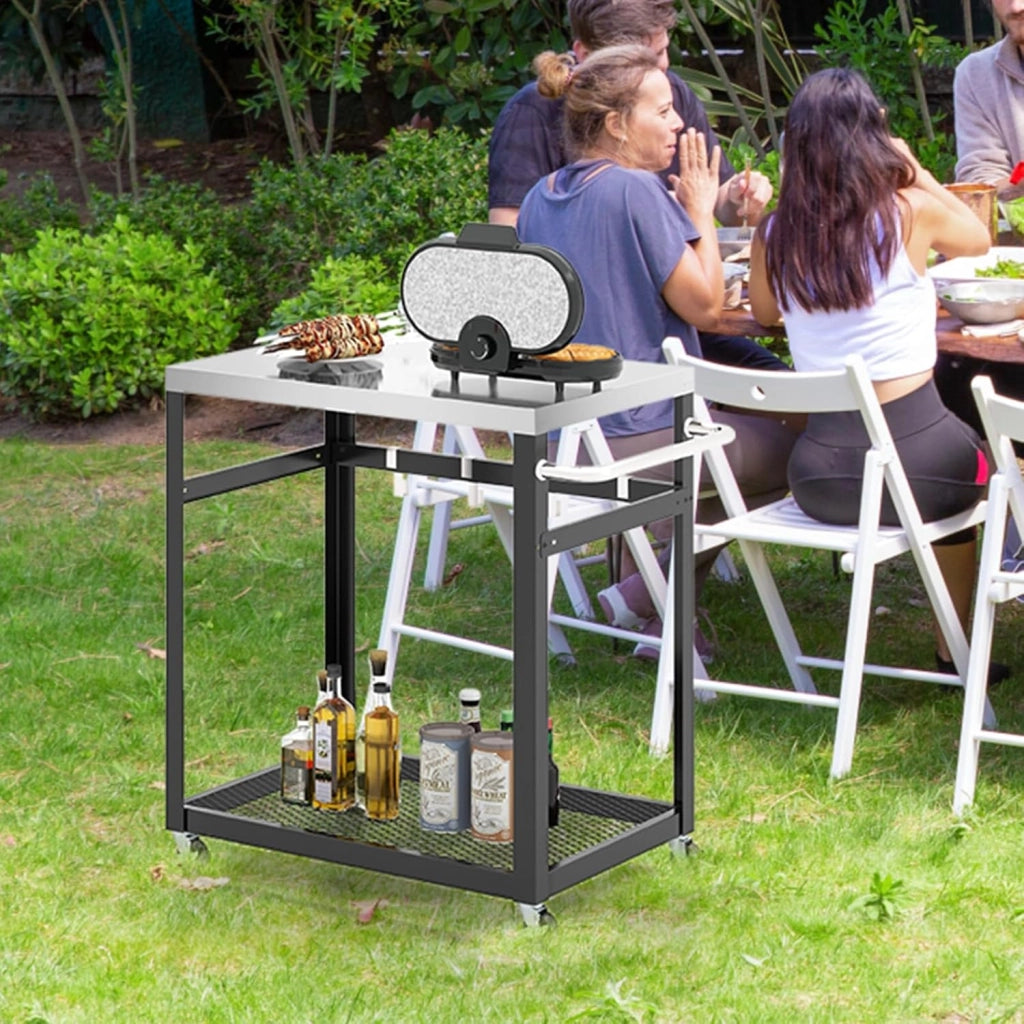 Carrello Grill da Esterno a 2/3 Piani, Supporto per Forno per con Piano e Maniglia in Acciaio Inossidabile, Carrello per Barbecue con Ganci e Ruote, Multiuso(2 Livelli)