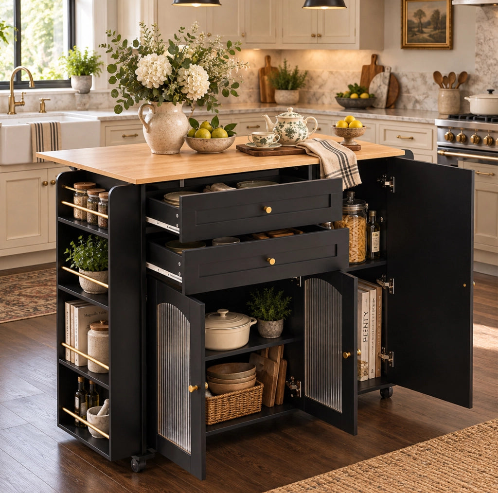 Isola da cucina mobile 110 cm con piano ribaltabile; 2 cassetti e ruote; nera