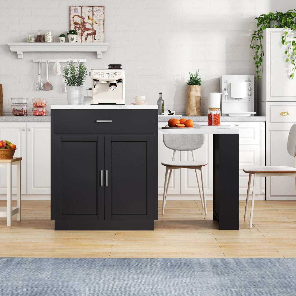 Isola da Cucina con 2 Cassetti; 1 Anta; Ripiano Regolabile; Tavolo Estensibile e Prese; in MDF; 211 x 55 x 89;5 cm; Nero