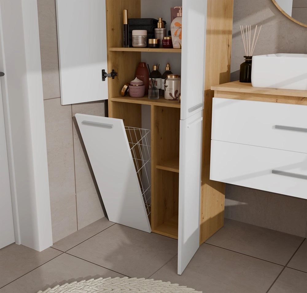 Mobile bagno NEL 1k DD scaffale colonna con koszem per bucato rovere artisan e bianco