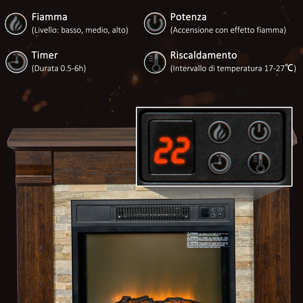 Camino Elettrico da Terra 80x21,6x67,8 cm con Timer Effetto Fiamma e Temperatura Regolabile in Legno e Metallo Marrone