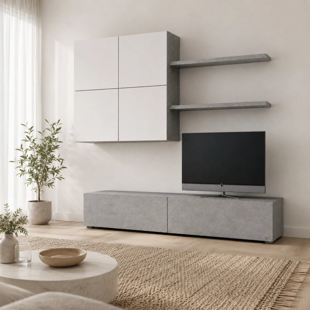 Parete Attrezzata Moderna Per Soggiorno Con Base TV 2 Ante Pensile 4 Ante E 2 Mensole In Melaminico Facile Da Pulire Design Contemporaneo 200 X 194 X 40 Cm Bianco E Grigio Cemento