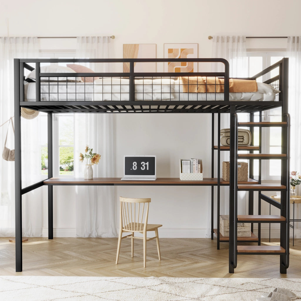 OKWISH Letto a Soppalco 140×200 cm, Letto Matrimoniale con Scala a Gradini, Scrivania e Mensole, senza Materasso, in Metallo, Nero