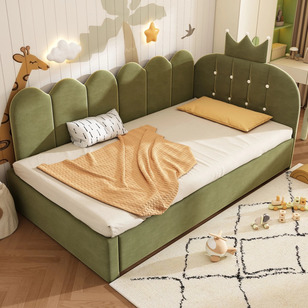 Letto daybed con letto estraibile 90x200 cm in velluto verde; design a corona