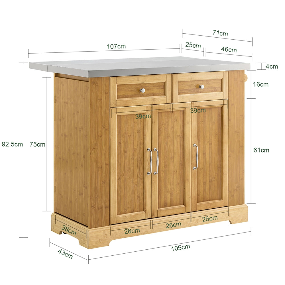SoBuy Isola Cucina su Ruote con Piano di Lavoro Estendibile, Mobiletto Salvaspazio, Carrello da Cucina con Ruote, con Due Cassetti e Ripiano Regolabile Naturale 107x(46–71) x92,5 cm FKW130-N