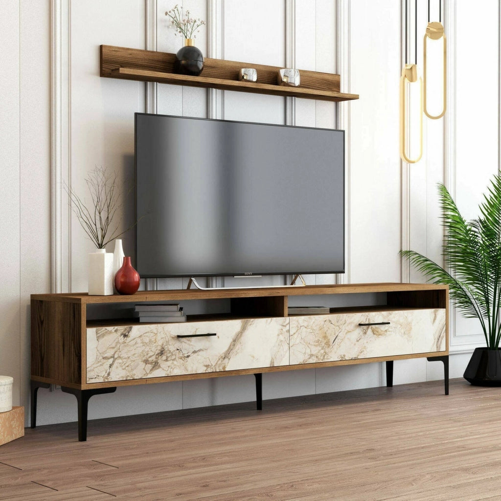 Parete attrezzata Oho, Composizione soggiorno, Mobile salotto multiuso, Armadio porta TV, 180x35h47 cm, Noce e Bianco Marmo