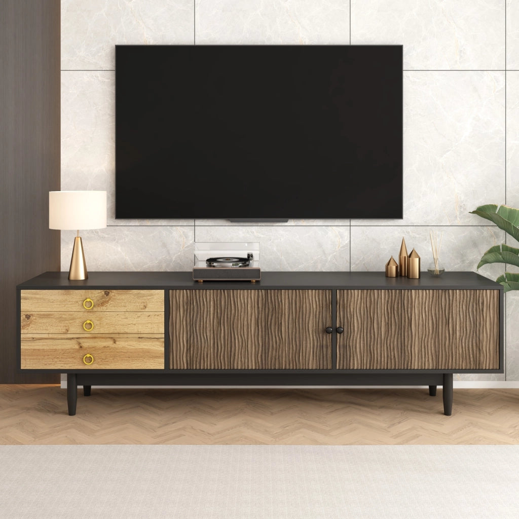 Mobile TV con 2 Ante e 3 Cassetti; Frontali a Motivo Onde; Piedi in Legno Massello; 180??38??50 cm; Nero + Naturale
