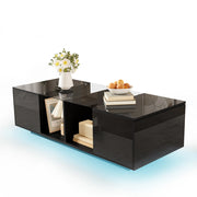 Tavolino da caffè 120x50x38.5 cm; LED integrato e vano laterale; vetro; MDF e truciolare nero