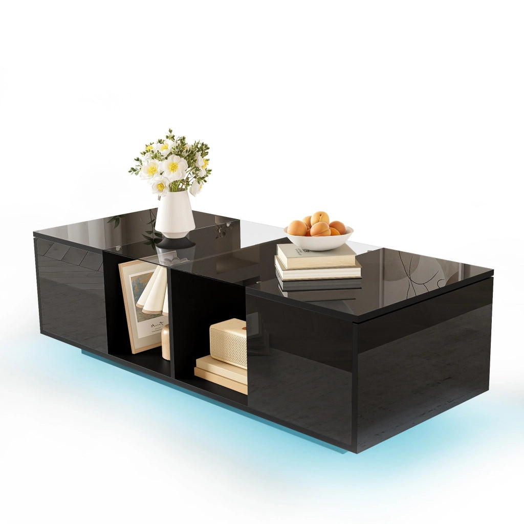 Tavolino da caffè 120x50x38.5 cm; LED integrato e vano laterale; vetro; MDF e truciolare nero