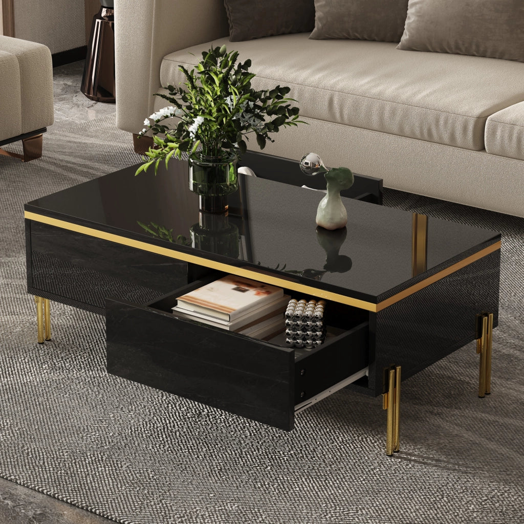 Tavolino da Salotto con 2 Cassetti Nascosti e Gambe in Metallo; Lucido; Stile Moderno; in Truciolare; Nero; 100×50×36 cm