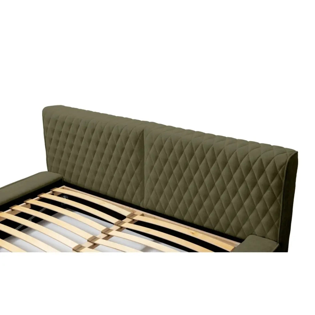 Letto contenitore VERNON – Tessuto bouclé di ciniglia Foglia d'olivo – 160x200 cm – Rete sollevabile – Design di alta gamma
