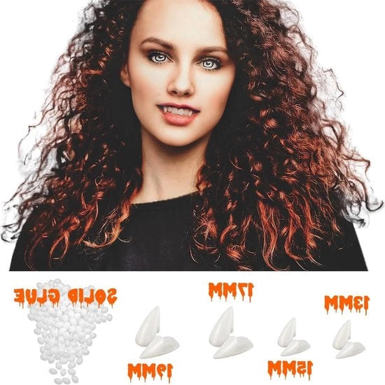 Set di Denti di Vampiro Halloween da 4 Paia - 4 Dimensioni Denti Falsi di Vampiro con 1 Tubo Sticker Granulato