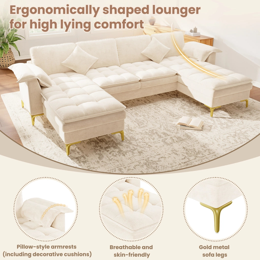 Divano panoramico a U modulare per 4-5 posti con due chaise longue e cuscini in ciniglia beige 262 × 134 × 86 cm