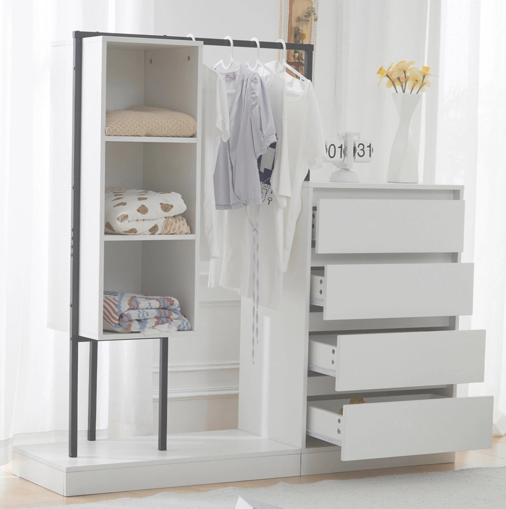 Armadio multifunzione con 4 cassetti e appendiabiti 140x40x135 cm; bianco e nero