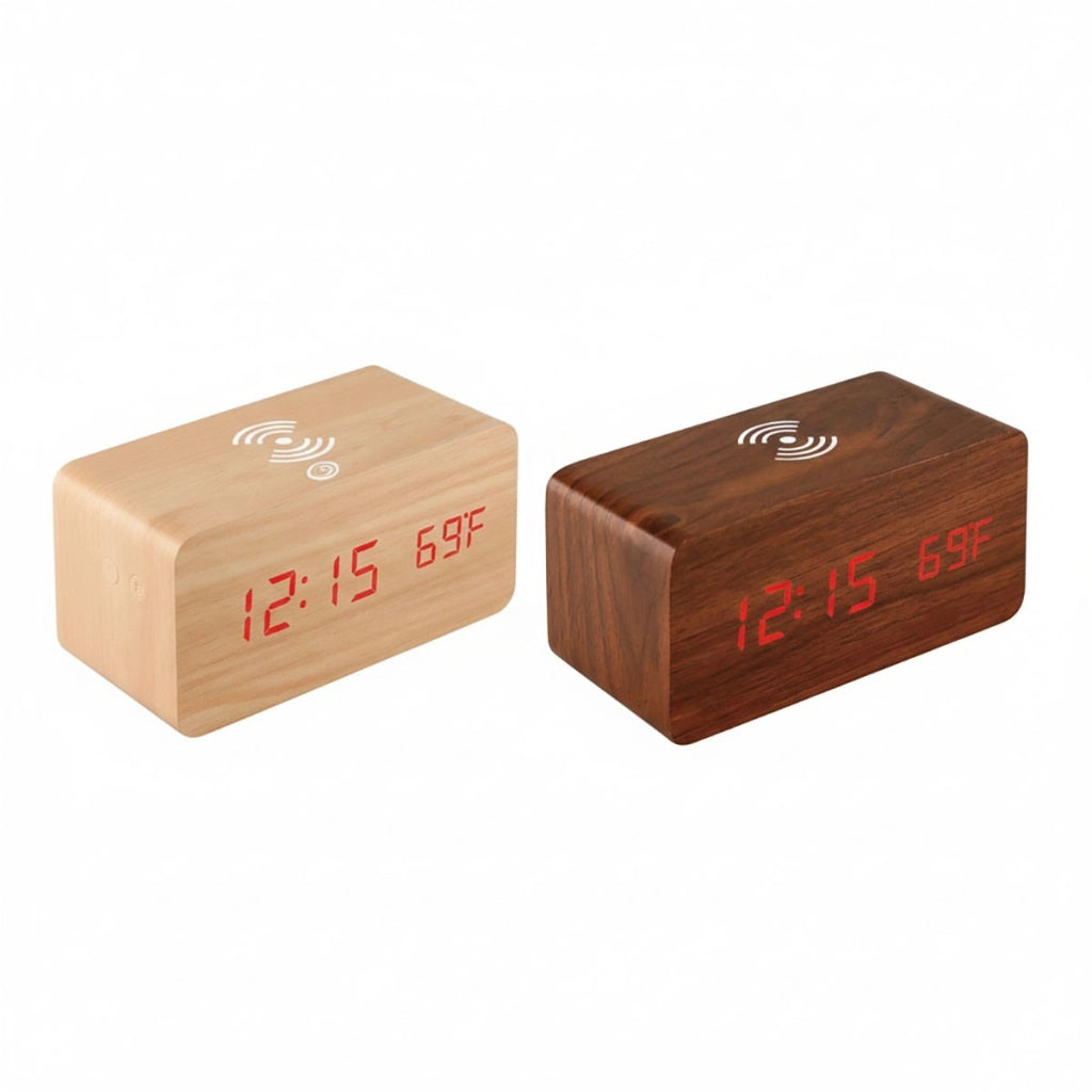SVEGLIA DIGITALE MULTIFUNZIONE LEGNO LED RICARICA WIRELESS TEMPERATURA 06724