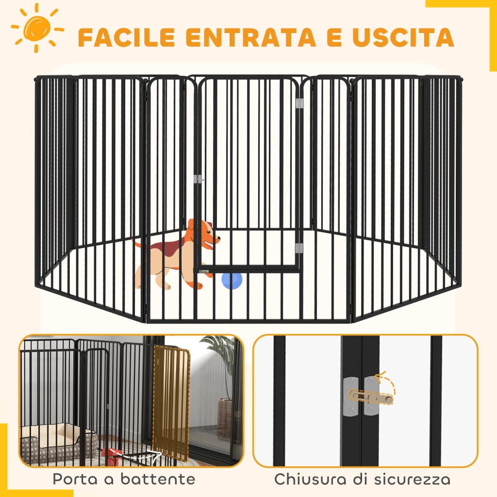 Box per Cani a 8 Pannelli Modulabili 164x164x100 cm da Interno ed Esterno con 9 Picchetti in Acciaio Nero