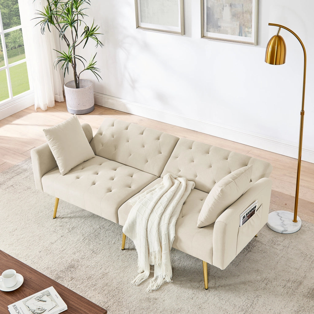 Divano letto 2 posti con schienale regolabile in 3 posizioni e 2 cuscini, in velluto Beige
