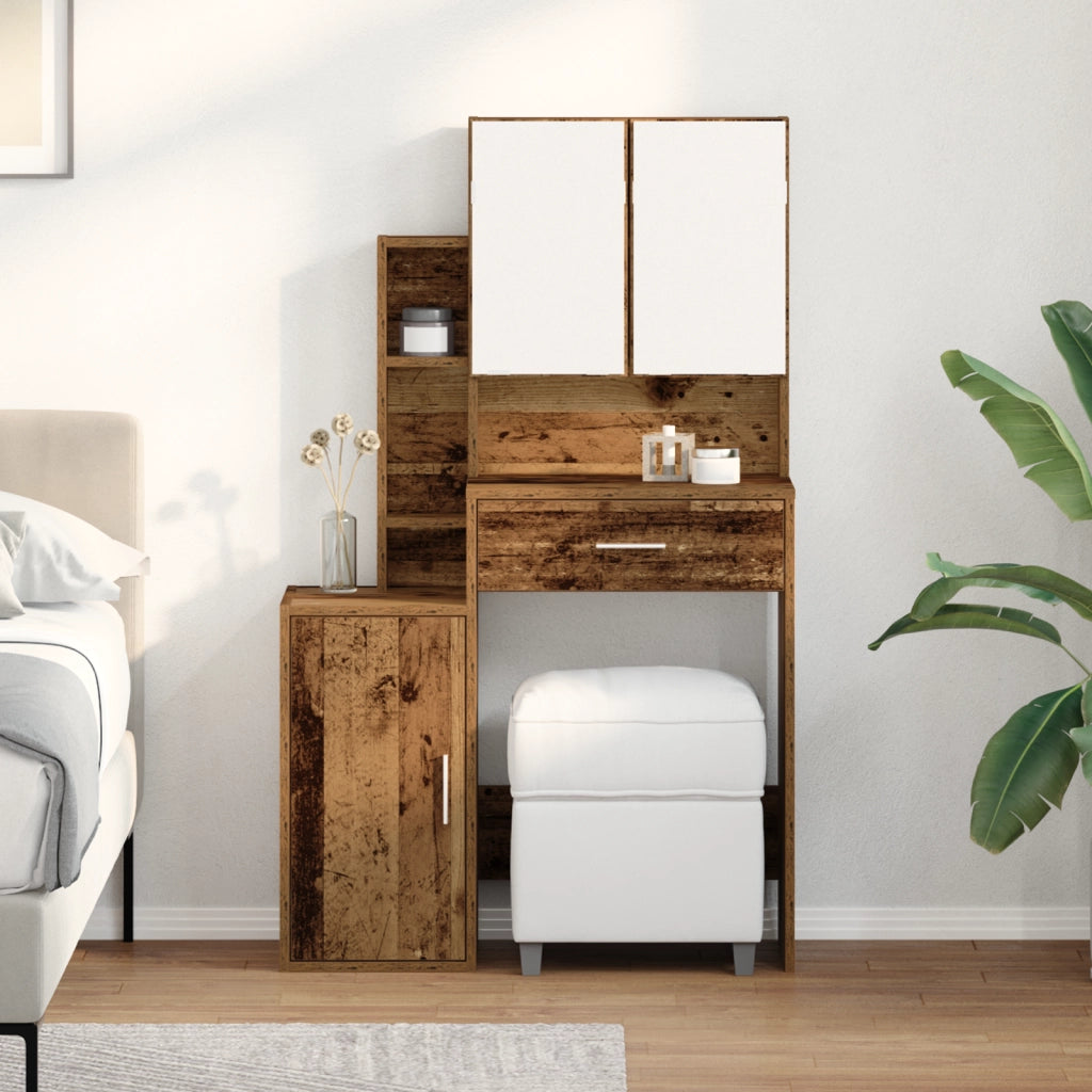 Tavolo da trucco con specchio e luci a LED in legno vecchio e legno ingegnerizzato