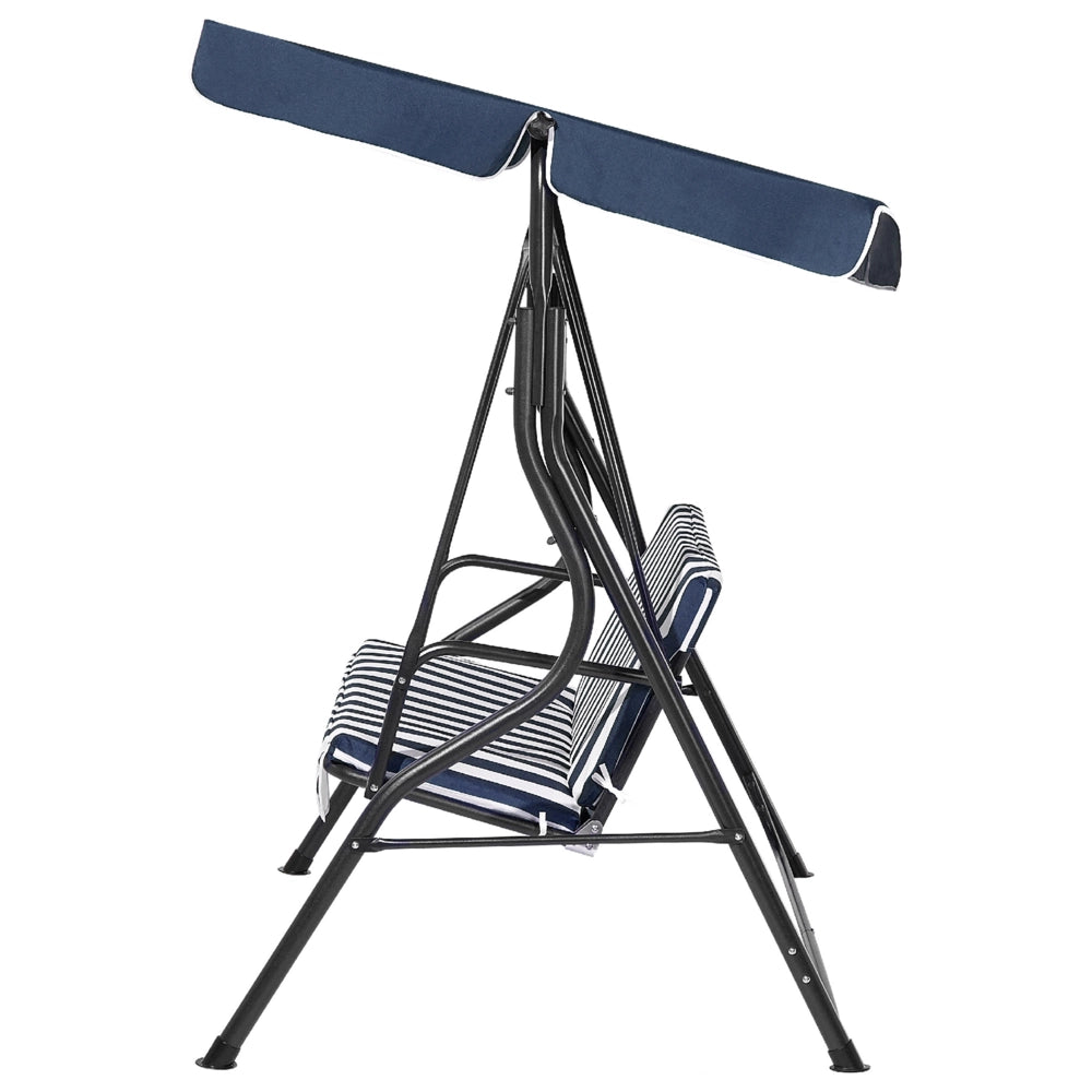 Altalena da giardino per patio con struttura in acciaio a rete a righe blu a 3 posti con baldacchino