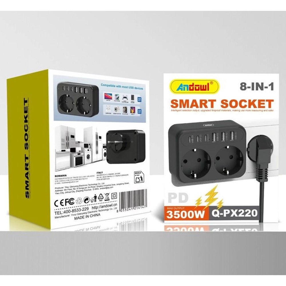 Trade Shop - Presa Intelligente Adattatore Di Alimentazione 3500w 8in1 2 Prese 3 Usb 3 Usb-c Q-px220 -