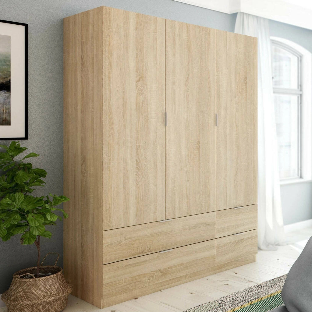 Guardaroba Ababala, Mobile camera da letto a 3 ante e 2 cassetti, Armadio appendiabiti, 135x52h200 cm, Rovere