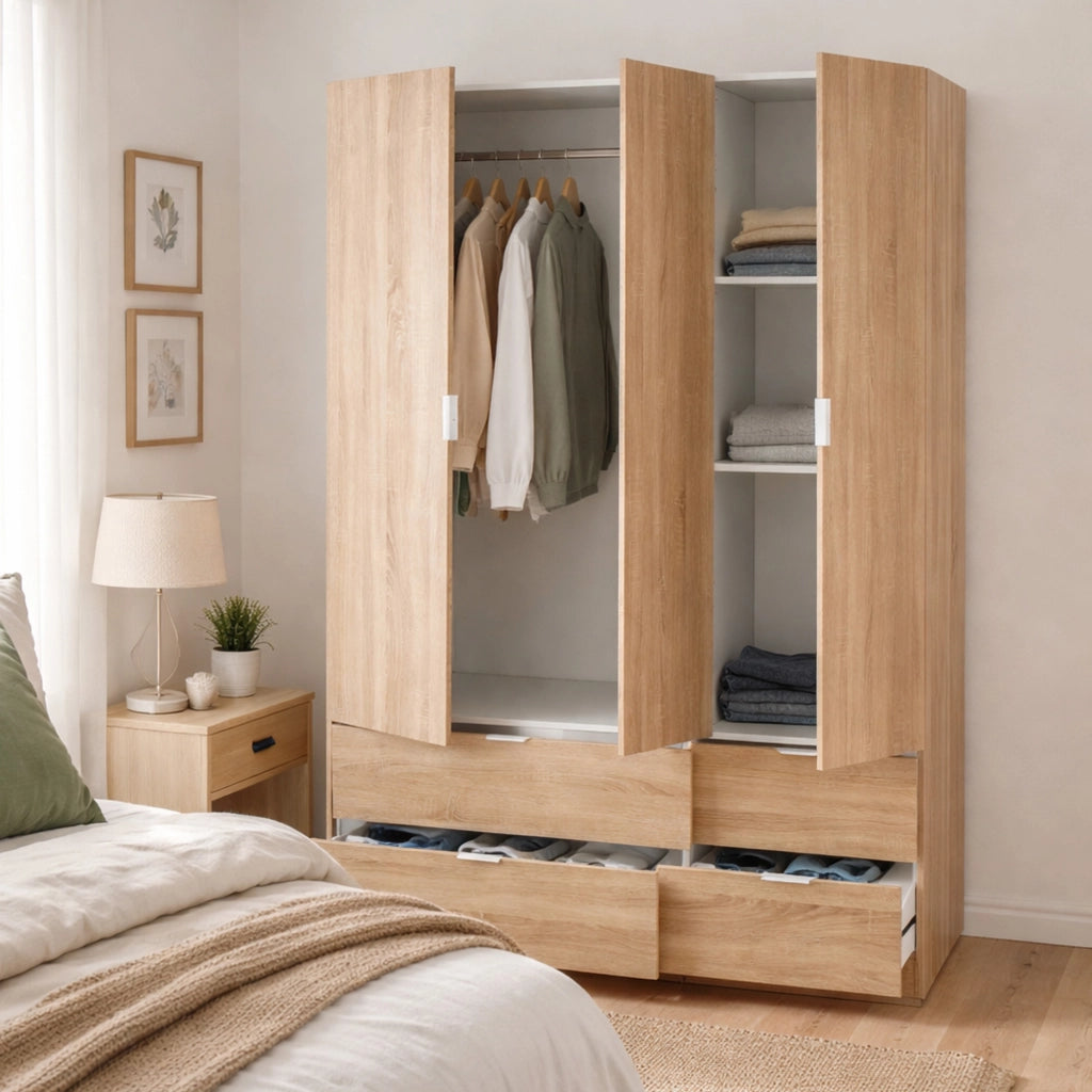 Guardaroba Ababala, Mobile camera da letto a 3 ante e 2 cassetti, Armadio appendiabiti, 135x52h200 cm, Rovere