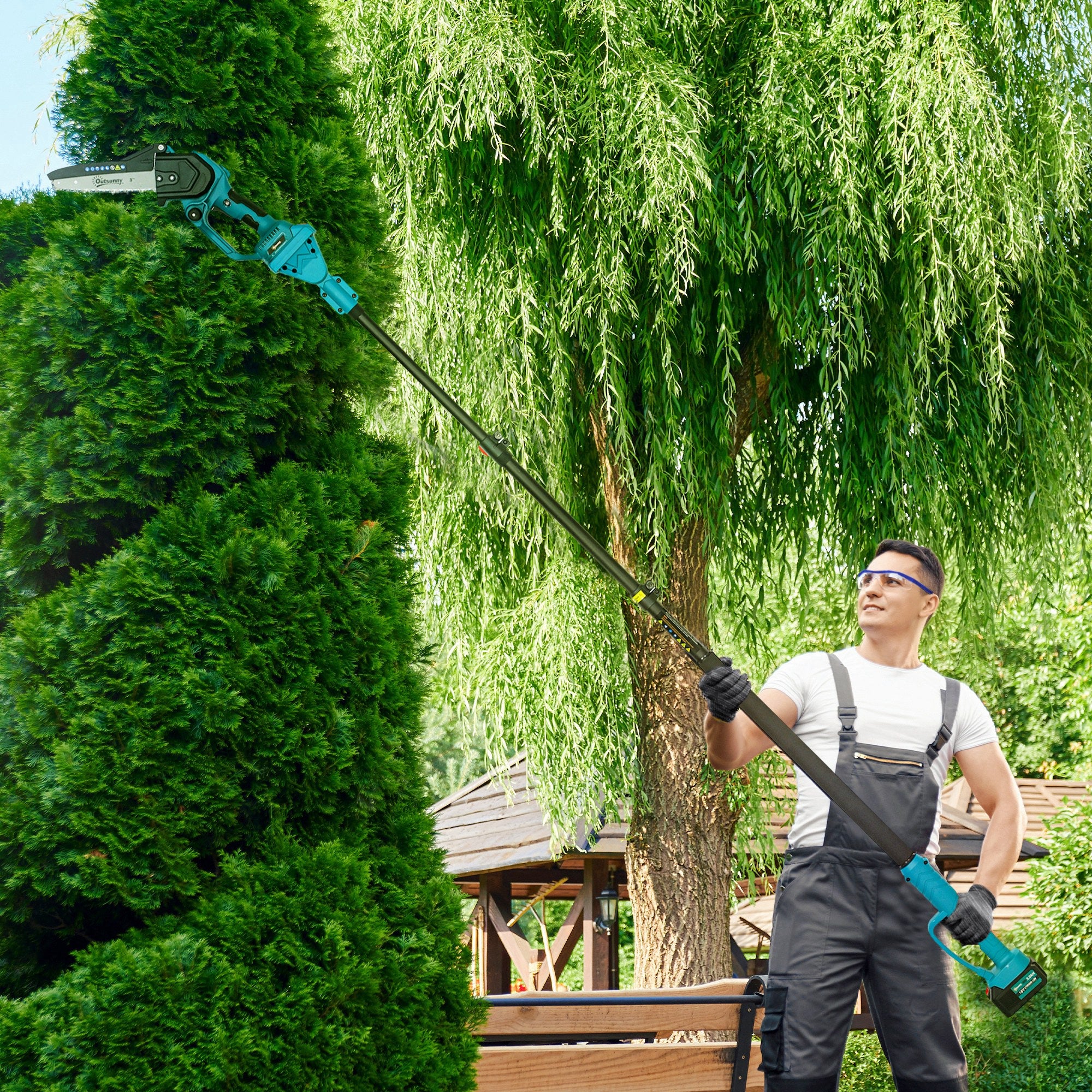 Motosega a Batterie 2 in 1 con Palo Telescopico per Funzione Potatore 580W in Metallo Blu