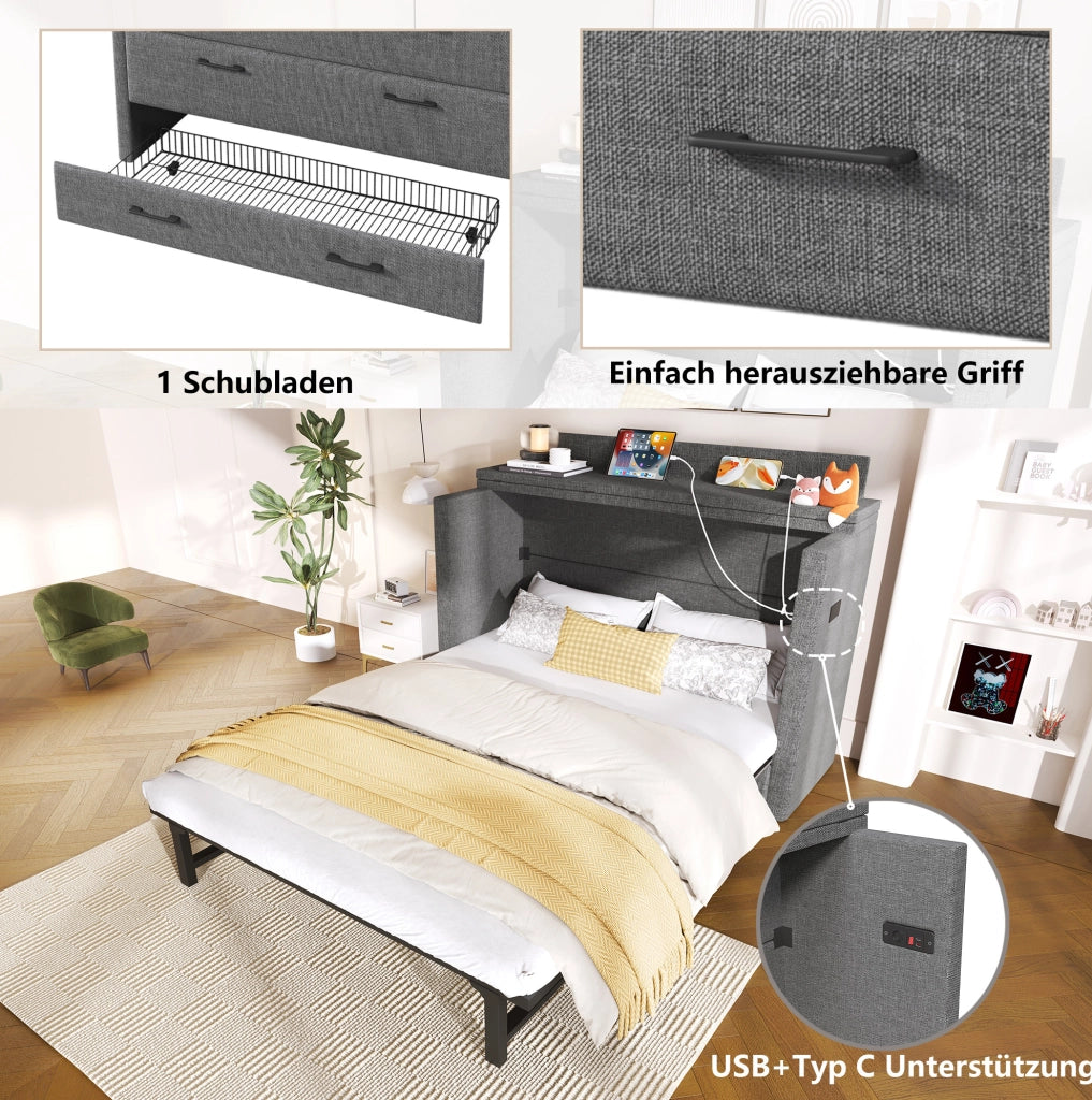 Letto armadio 140 x 200 con cassetto, USB e Type-C, grigio