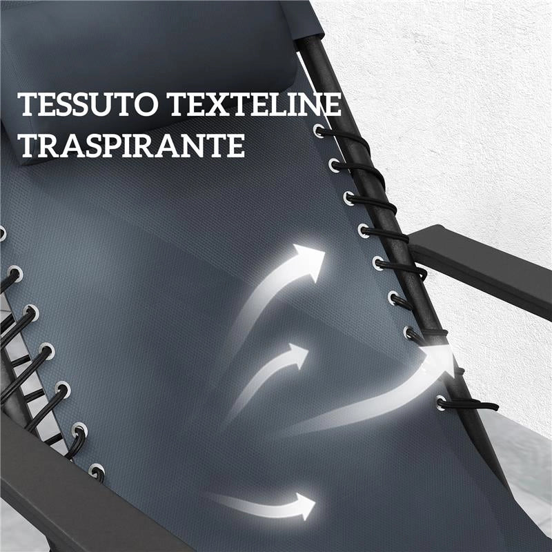 SET 2 SEDIE SDRAIO A GRAVITÀ ZERO PIEGHEVOLI CON SCHIENALE REGOLABILE E TAVOLINO GRIGIO