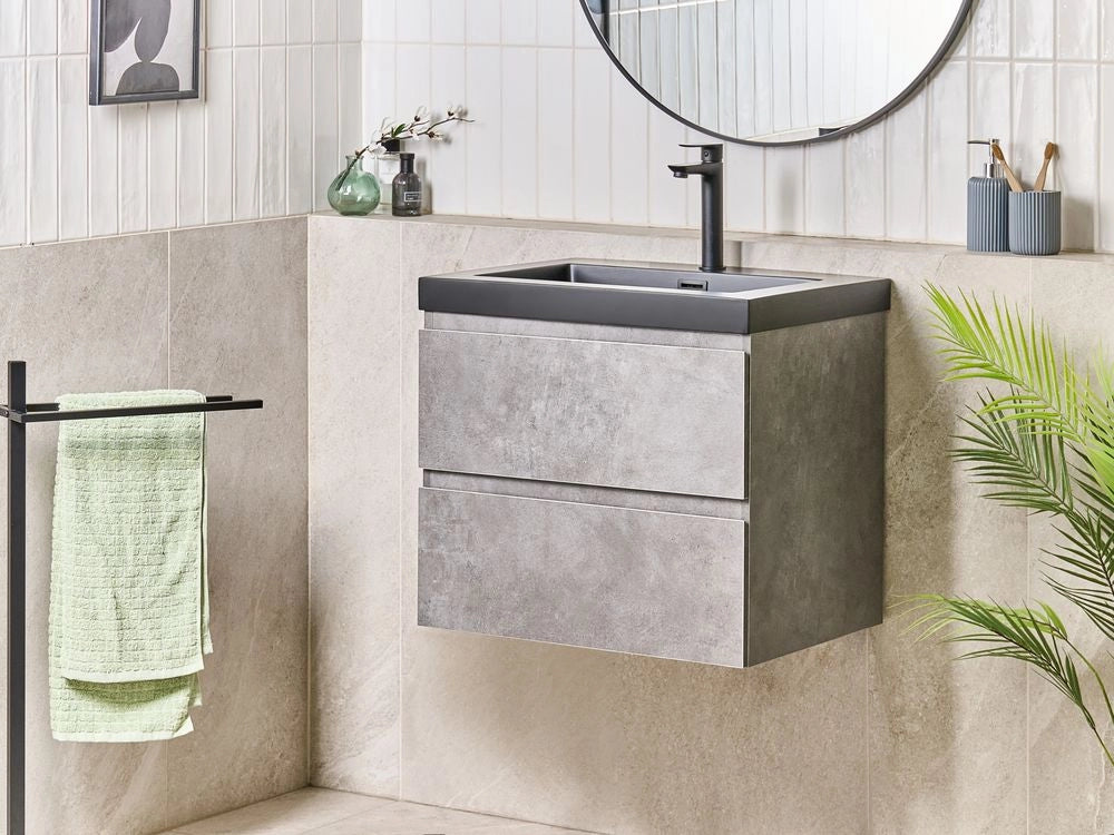 Mobiletto pensile con lavabo in legno MDF 2 cassetti 60 x 46 cm Grigio stile moderno