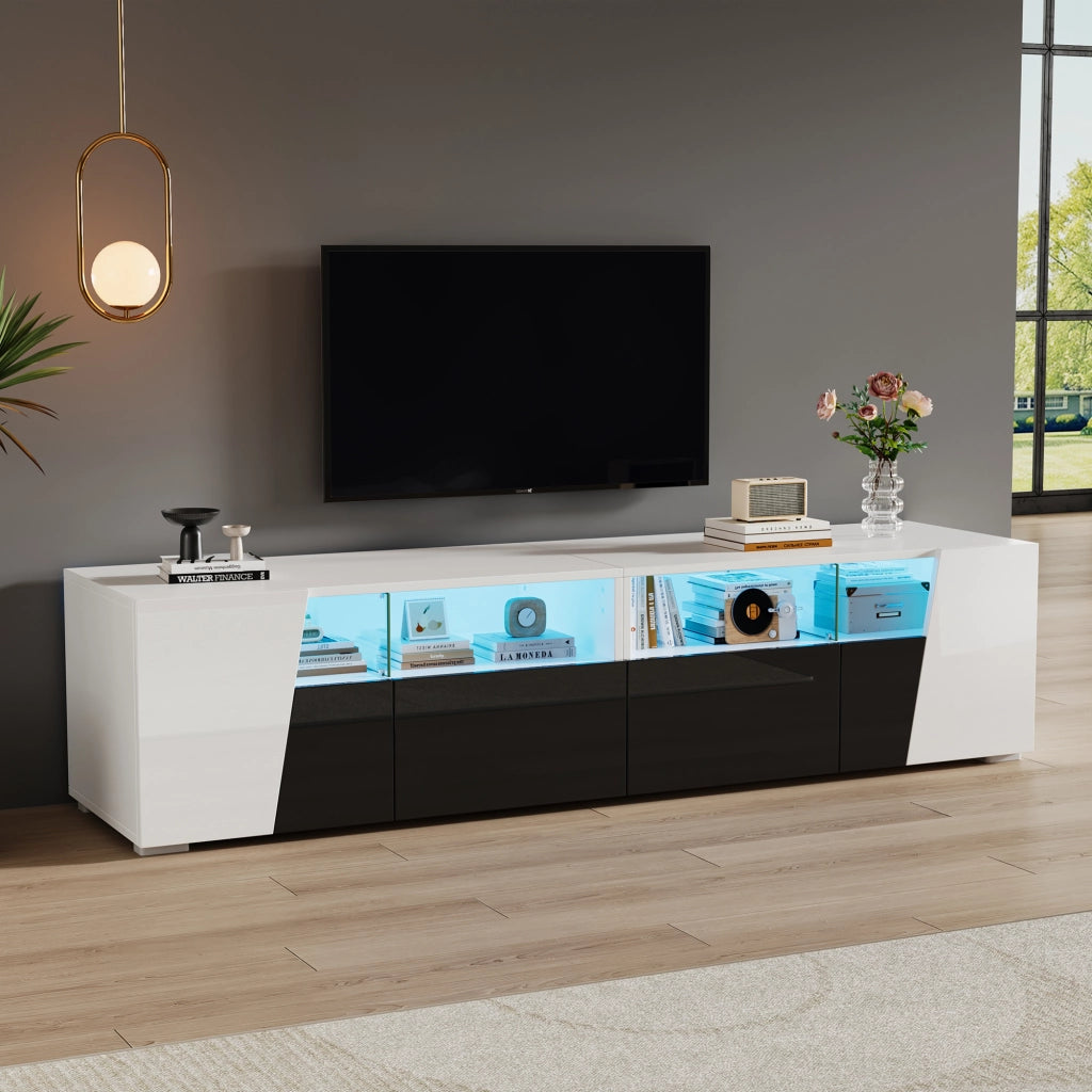Mobile TV 180x38.5x45cm - Zephmum - Lucido LED 2 cassetti 2 ante per TV 80 pollici Bianco e Nero