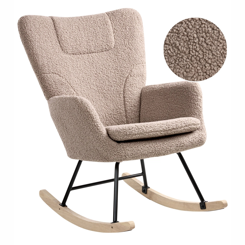 Sedia a dondolo Tessuto bouclé tortora Rivestimento in legno Gambe Pattini Nursery Soggiorno Cottage Scandinavo