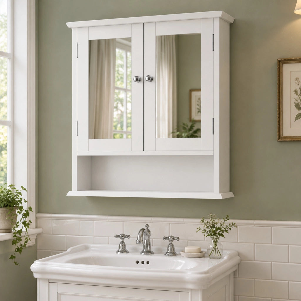 Mobile bagno sospeso con specchio e ripiani regolabili; 54;6x19;8x60 cm; MDF bianco