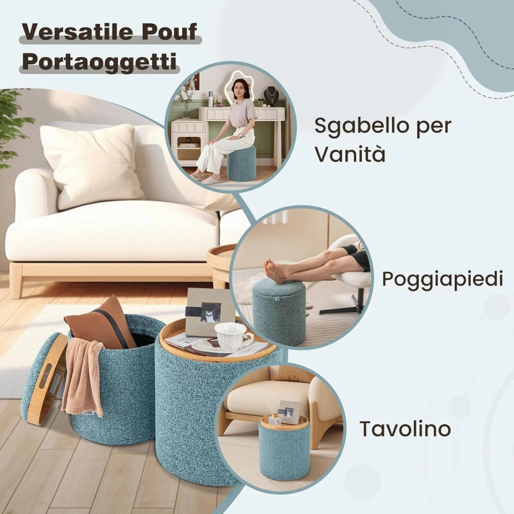 Set di 2 Pouf Contenitore, Pouf Rotondi Imbottiti da 41L+25L, con Vassoio Reversibile, Sgabello Contenitore Multifunzionale per Soggiorno, Camera da Letto, Portata 160 kg
