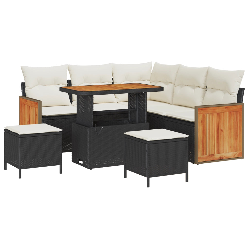 Set Divano da Giardino 8 Pezzi con Cuscini Nero Rattan Polietilene Acacia