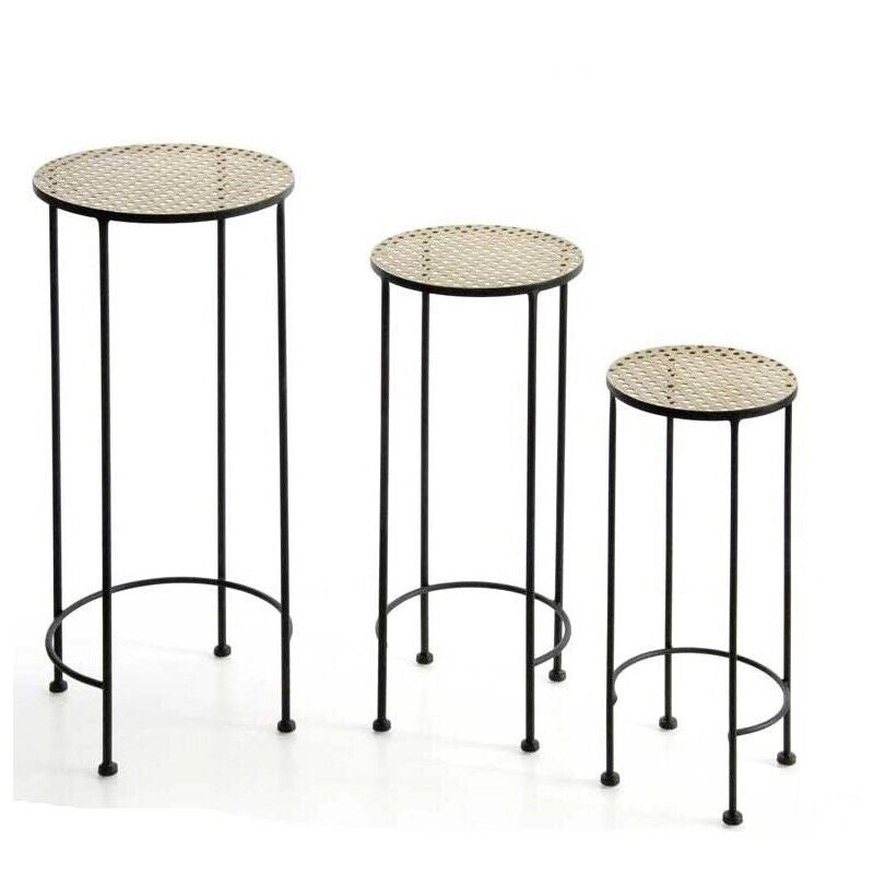 SET 3 TAVOLINI TONDI CON STRUTTURA IN METALLO E PIANO IN VIMINI H70/60/50 CM