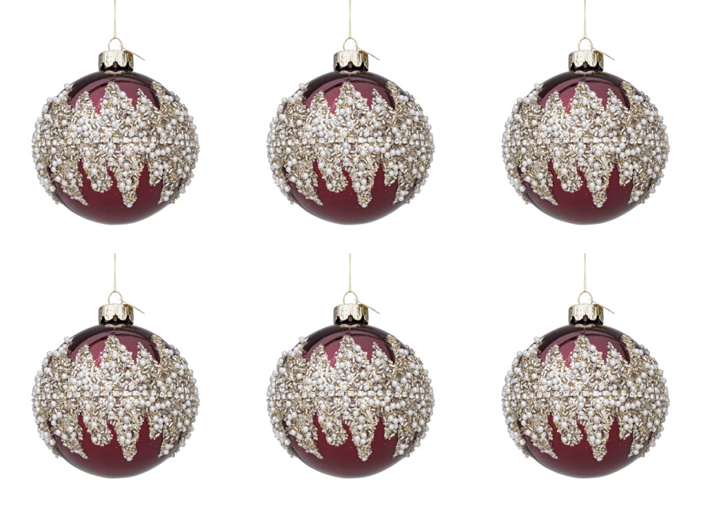 Palline di Natale in Vetro Rosse Decorazioni Oro Perline Bianche Addobbi Albero Diametro: 80 mm