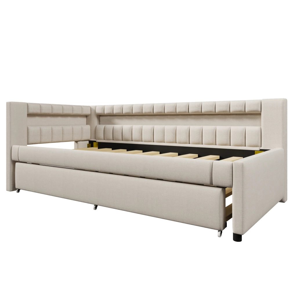 Letto 90x200 cm con LED; letto estraibile; USB e Type-C in lino beige