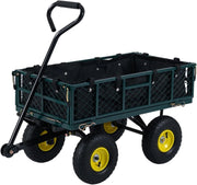 Carrello da Giardino in Metallo, Carretto a Mano con 4 Ruote Pneumatiche, Sponde Rete Rimovibili, Borsa Portaoggetti e Manico Regolabile, Portata 410 kg, per Giardinaggio, Trasporto e Fattoria