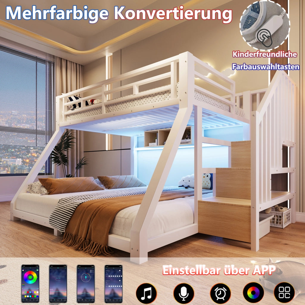 Letto a castello 90 × 200 cm et 140 × 200 cm con 3 scomparti, scale contenitore et LED, senza materasso, in metallo, bianco