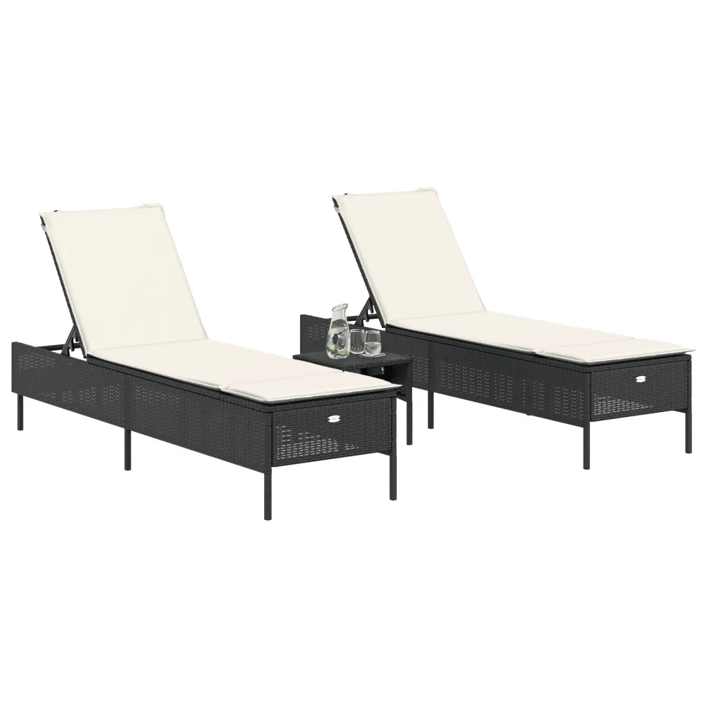 Set Lettini Prendisole con Cuscini 3pz Nero in Polyrattan 3284263