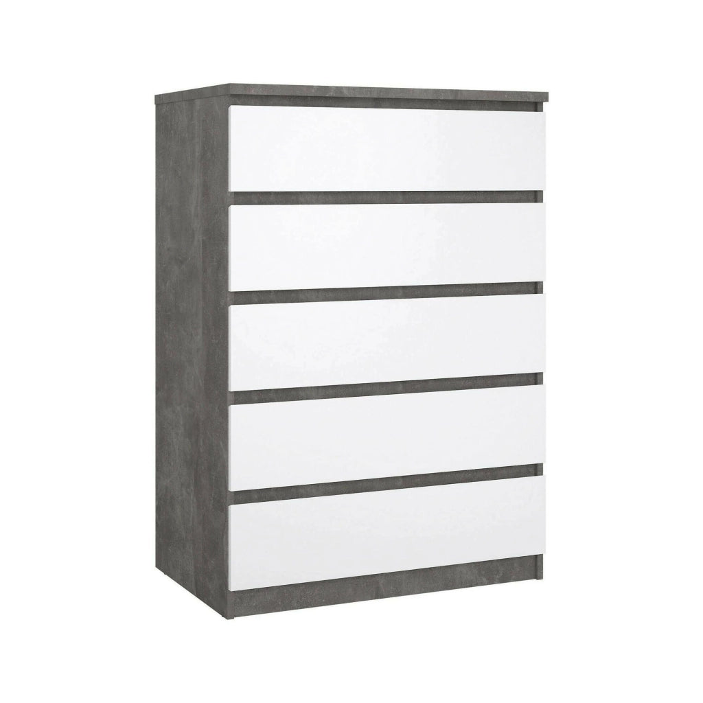 Cassettiera Ansel, Settimino multiuso, Comò camera da letto, Mobile con cassetti, 77x50 h111 cm, Cemento e Bianco lucido