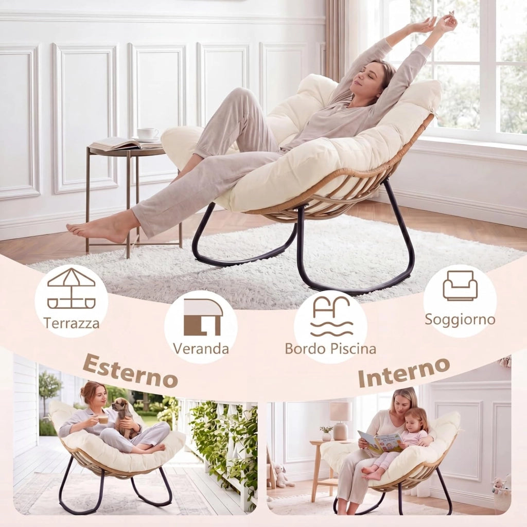 Sedia a Dondolo da Interno ed Esterno, Poltrona a Dondolo con Cuscino Rimovibile, Poltrona Relax in Rattan con Struttura in Metallo per Soggiorno, Cortile e Giardino, Portata 140 kg (Bianco)
